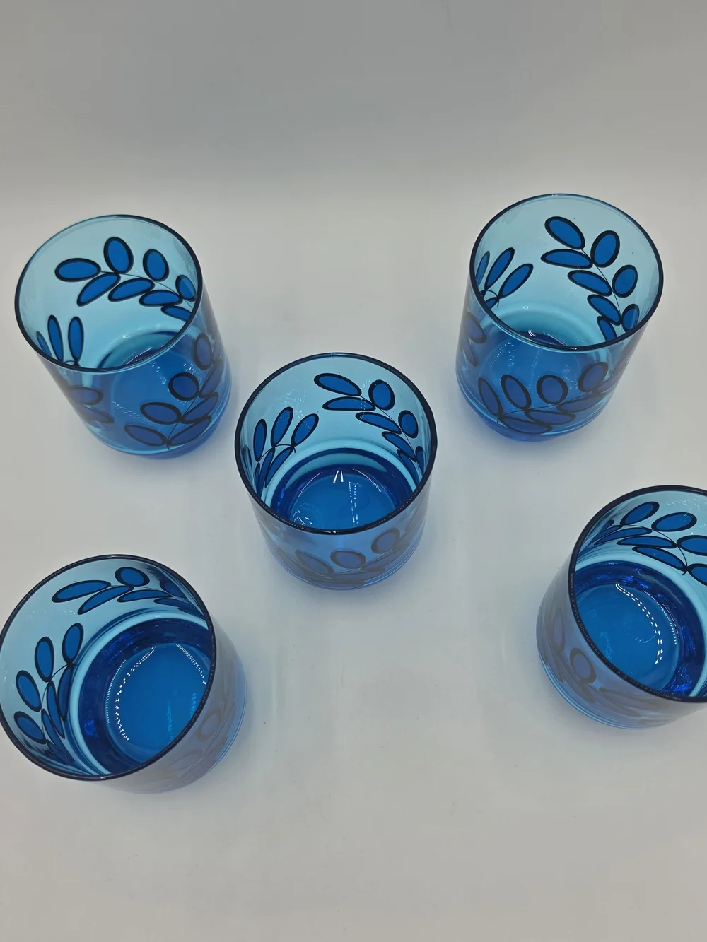 Vintage Mid‑Century J. Wm. Hale Cobalt Blue Leaf Print Lowball Glasses – Set of